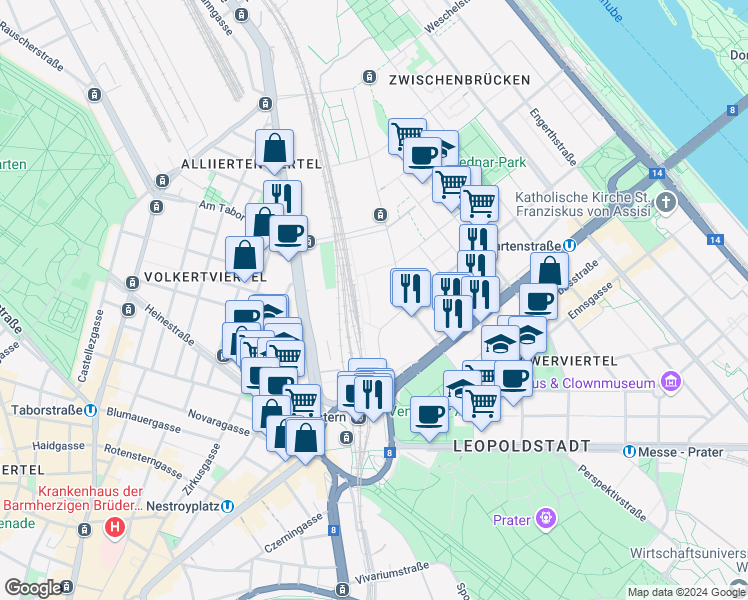 map of restaurants, bars, coffee shops, grocery stores, and more near 1a Walcherstraße in Wien