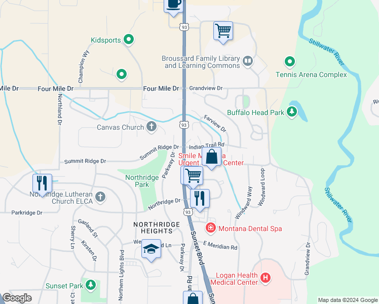 map of restaurants, bars, coffee shops, grocery stores, and more near 95 Indian Trail Road in Kalispell