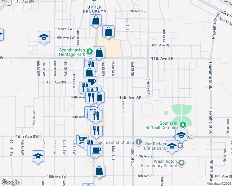 map of restaurants, bars, coffee shops, grocery stores, and more near 1345 Main Street South in Minot