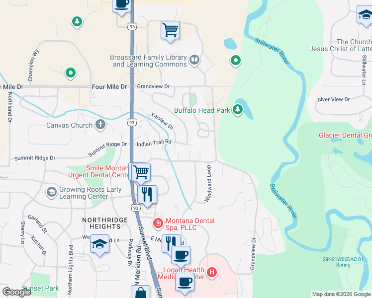 map of restaurants, bars, coffee shops, grocery stores, and more near 293 Commons Way in Kalispell
