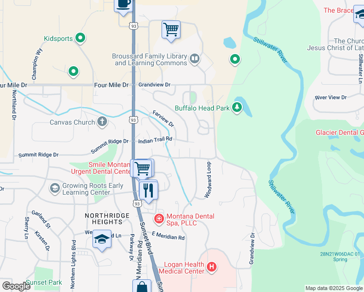 map of restaurants, bars, coffee shops, grocery stores, and more near 239 Commons Way in Kalispell