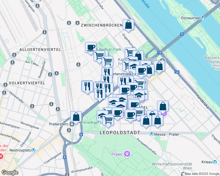 map of restaurants, bars, coffee shops, grocery stores, and more near 7A Lassallestraße in Wien