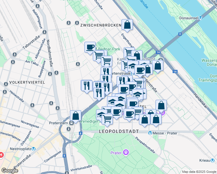 map of restaurants, bars, coffee shops, grocery stores, and more near 7A Lassallestraße in Wien