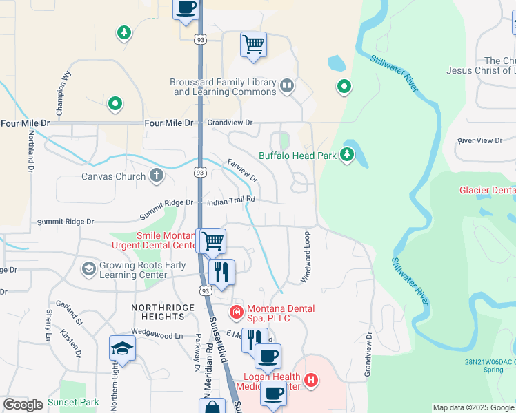 map of restaurants, bars, coffee shops, grocery stores, and more near 239 Commons Way in Kalispell