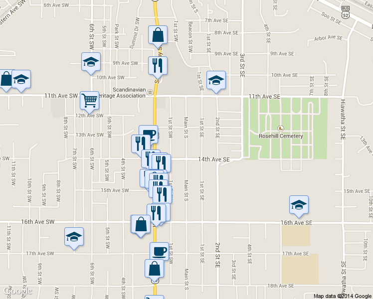 map of restaurants, bars, coffee shops, grocery stores, and more near 1345 Main Street South in Minot