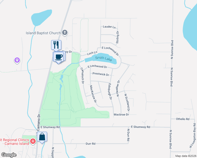 map of restaurants, bars, coffee shops, grocery stores, and more near 291 East Meadow Drive in Camano
