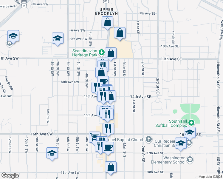 map of restaurants, bars, coffee shops, grocery stores, and more near 101 14th Avenue Southwest in Minot