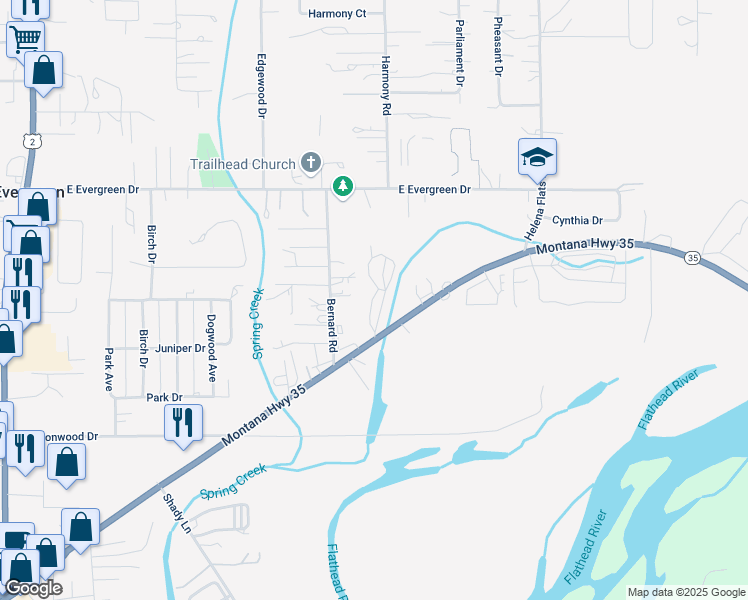 map of restaurants, bars, coffee shops, grocery stores, and more near 1695 Montana Highway 35 in Kalispell