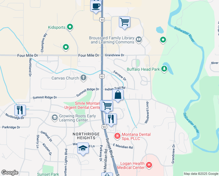 map of restaurants, bars, coffee shops, grocery stores, and more near 95 Indian Trail Road in Kalispell