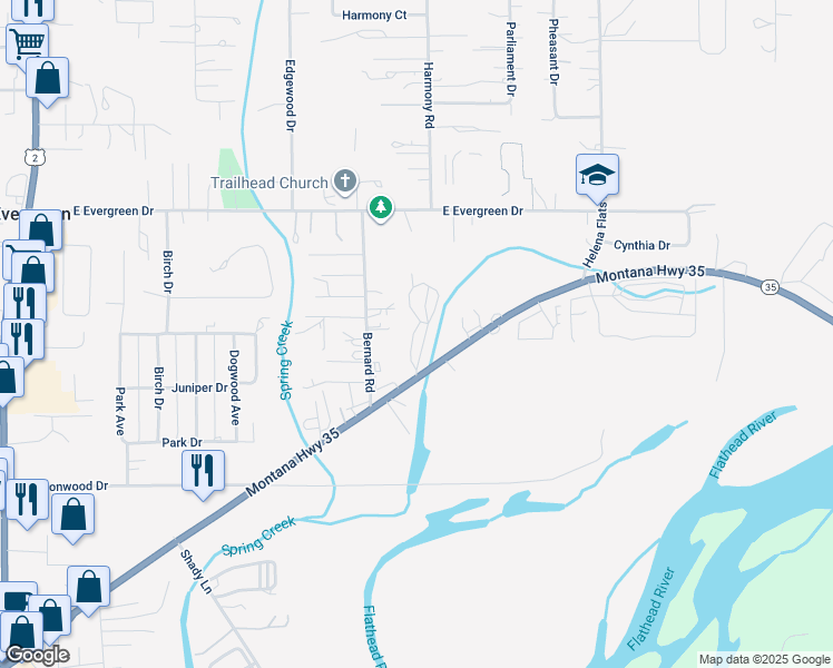 map of restaurants, bars, coffee shops, grocery stores, and more near 1695 Montana Highway 35 in Kalispell