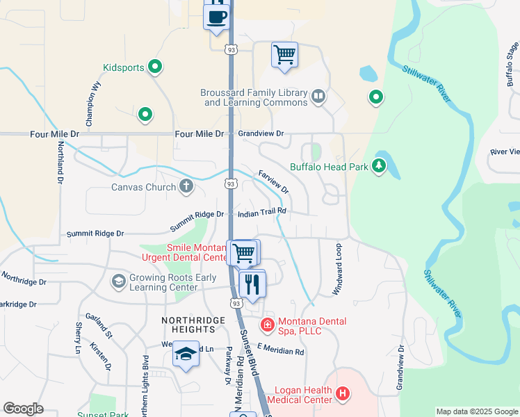 map of restaurants, bars, coffee shops, grocery stores, and more near 219 Farview Drive in Kalispell