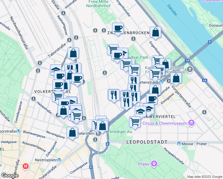 map of restaurants, bars, coffee shops, grocery stores, and more near 1 Rothschildplatz in Wien