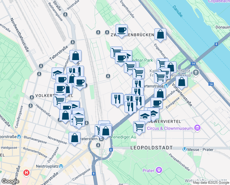 map of restaurants, bars, coffee shops, grocery stores, and more near 1 Rothschildplatz in Wien