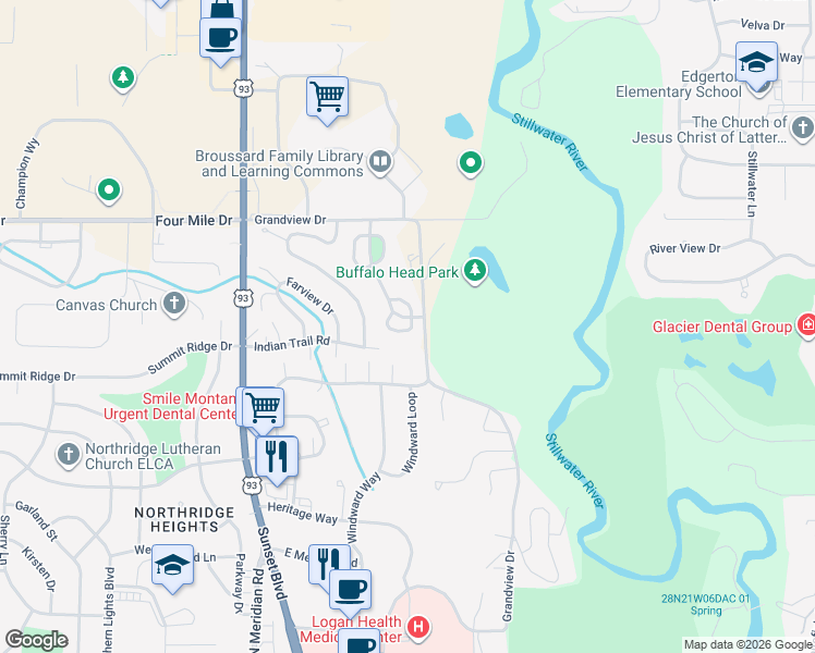 map of restaurants, bars, coffee shops, grocery stores, and more near 321 Ponderosa Street in Kalispell
