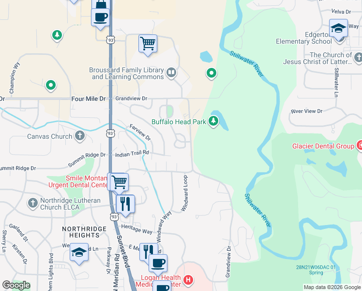 map of restaurants, bars, coffee shops, grocery stores, and more near 321 Ponderosa Street in Kalispell