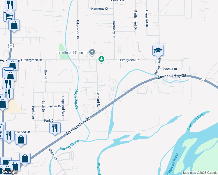 map of restaurants, bars, coffee shops, grocery stores, and more near 1695 Montana Highway 35 in Kalispell