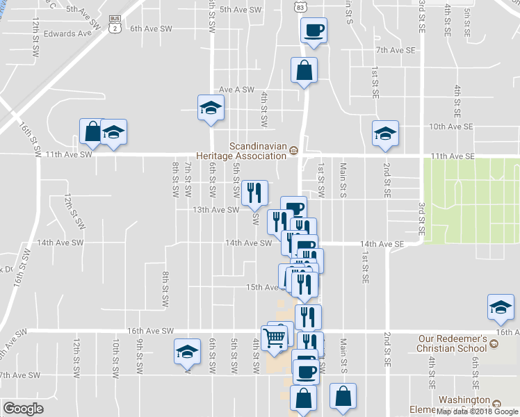 map of restaurants, bars, coffee shops, grocery stores, and more near 329 13th Avenue Southwest in Minot
