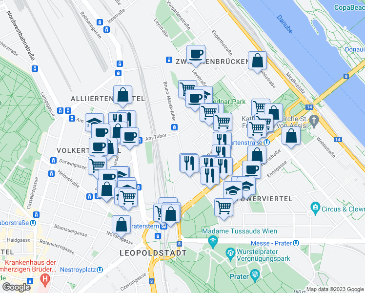 map of restaurants, bars, coffee shops, grocery stores, and more near 4 Rothschildplatz in Wien