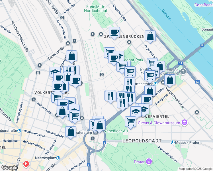 map of restaurants, bars, coffee shops, grocery stores, and more near 4 Rothschildplatz in Wien