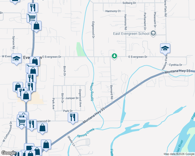 map of restaurants, bars, coffee shops, grocery stores, and more near 168 Bernard Rd in Kalispell