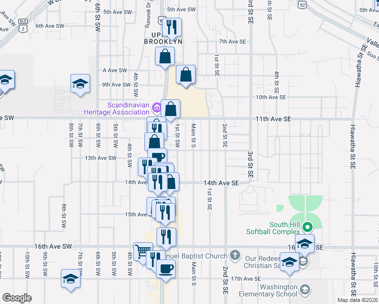 map of restaurants, bars, coffee shops, grocery stores, and more near 1300 Main Street South in Minot