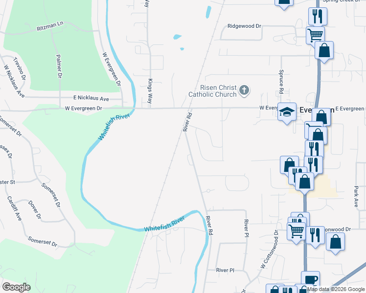 map of restaurants, bars, coffee shops, grocery stores, and more near 188 River Road in Kalispell