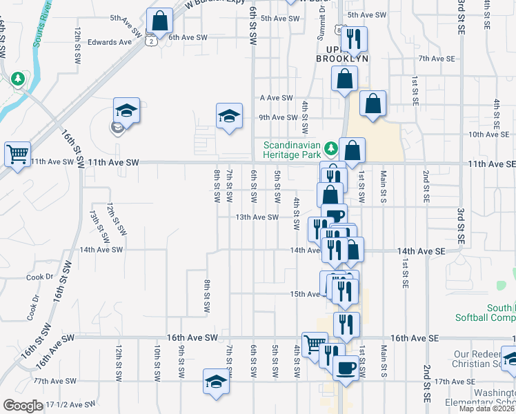 map of restaurants, bars, coffee shops, grocery stores, and more near 1217 6th Street Southwest in Minot
