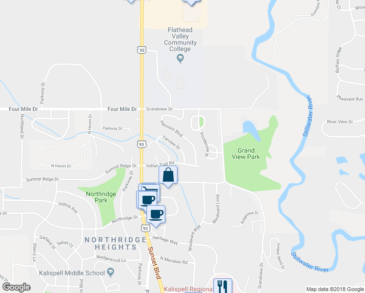 map of restaurants, bars, coffee shops, grocery stores, and more near 262 Farview Drive in Kalispell