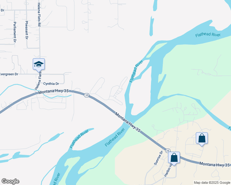 map of restaurants, bars, coffee shops, grocery stores, and more near 1985 Montana 35 in Kalispell