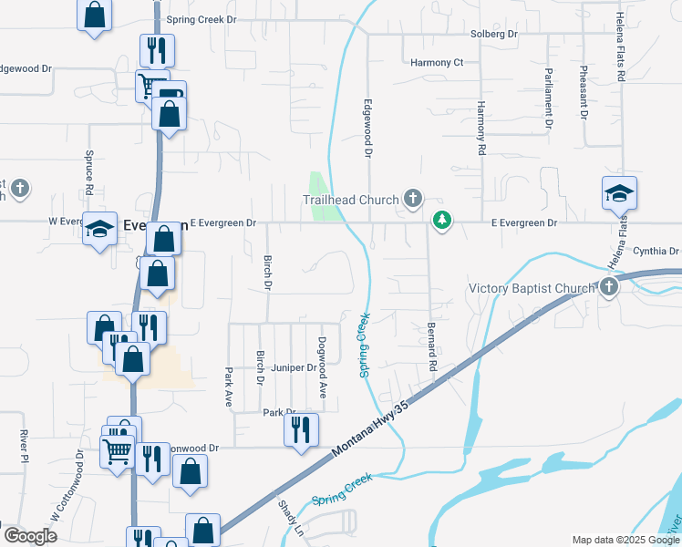 map of restaurants, bars, coffee shops, grocery stores, and more near 244 Forest Drive in Kalispell