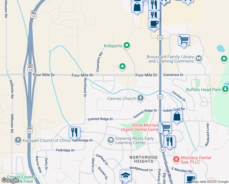 map of restaurants, bars, coffee shops, grocery stores, and more near 190 Meadow Vista Loop in Kalispell