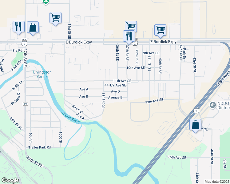 map of restaurants, bars, coffee shops, grocery stores, and more near 12 11 1/2 Avenue Southeast in Minot