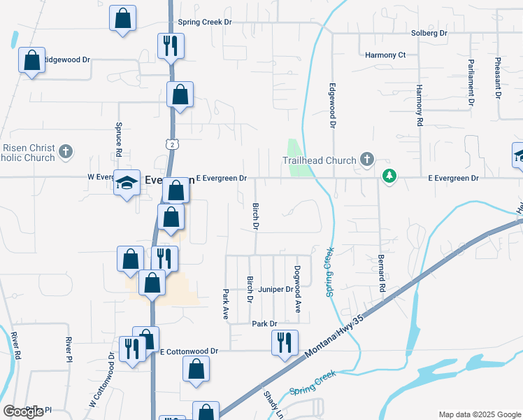 map of restaurants, bars, coffee shops, grocery stores, and more near 191 Birch Drive in Kalispell