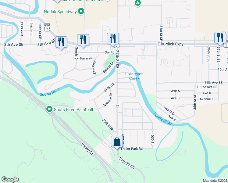 map of restaurants, bars, coffee shops, grocery stores, and more near 1108-1140 27th Street Southeast in Minot