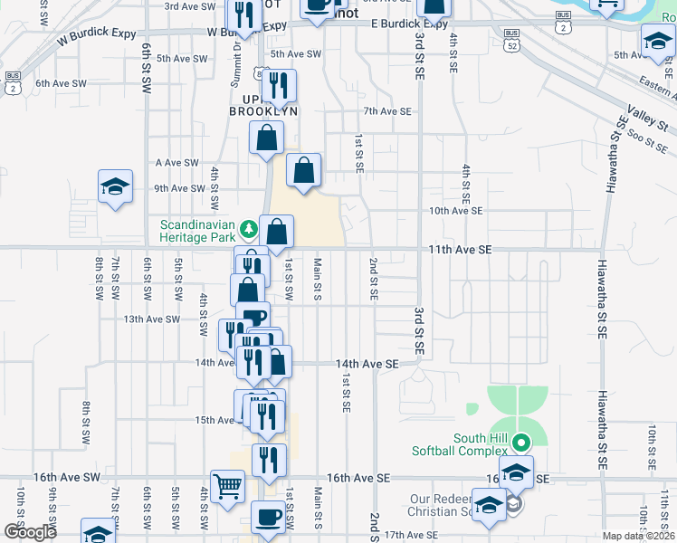 map of restaurants, bars, coffee shops, grocery stores, and more near 1116 1st Street Southeast in Minot