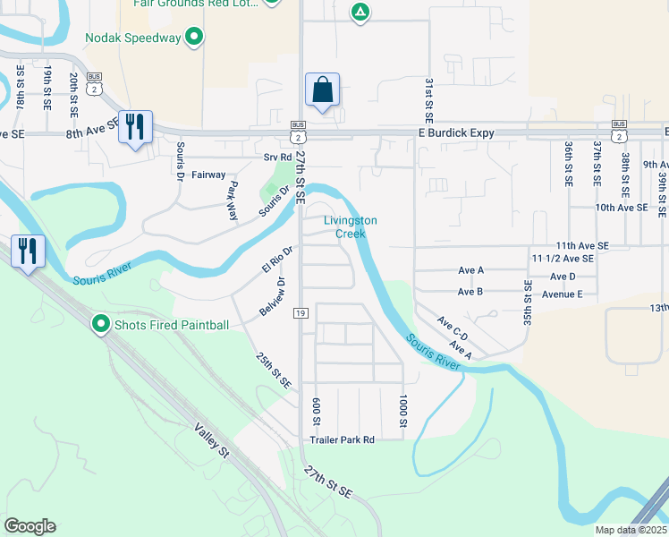 map of restaurants, bars, coffee shops, grocery stores, and more near 53 El Rio Drive in Minot