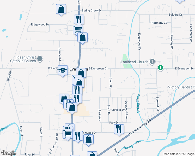 map of restaurants, bars, coffee shops, grocery stores, and more near 186 Park Avenue in Kalispell