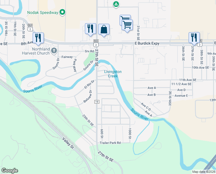 map of restaurants, bars, coffee shops, grocery stores, and more near 53 El Rio Drive in Minot