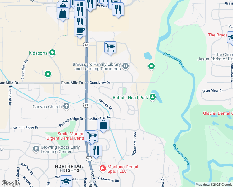 map of restaurants, bars, coffee shops, grocery stores, and more near 347 Harrison Boulevard in Kalispell
