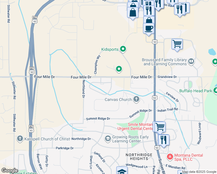 map of restaurants, bars, coffee shops, grocery stores, and more near 190 Meadow Vista Loop in Kalispell