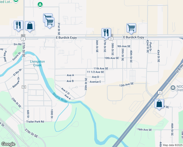 map of restaurants, bars, coffee shops, grocery stores, and more near 12 11 1/2 Avenue Southeast in Minot