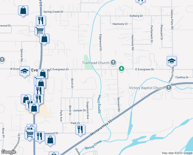 map of restaurants, bars, coffee shops, grocery stores, and more near 244 Forest Drive in Kalispell