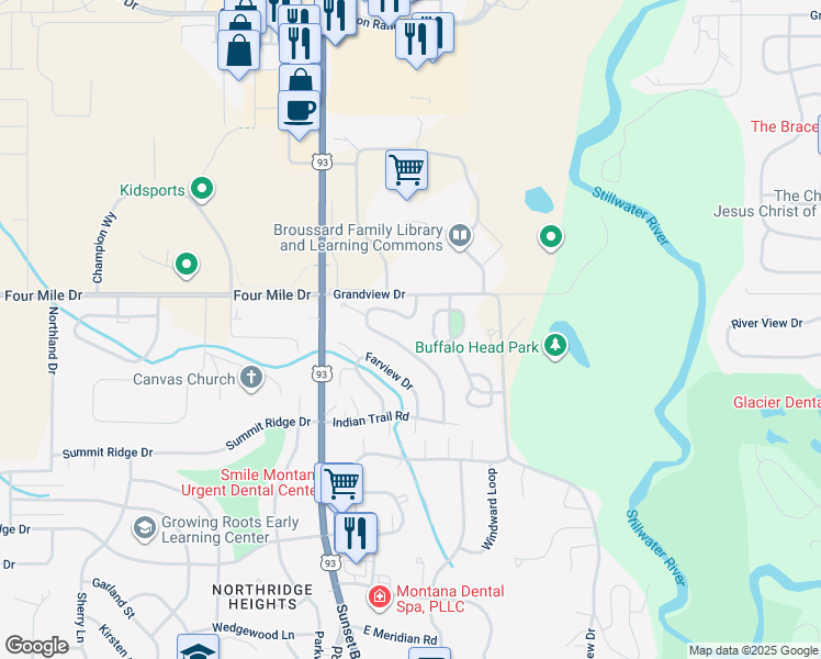 map of restaurants, bars, coffee shops, grocery stores, and more near 347 Harrison Boulevard in Kalispell