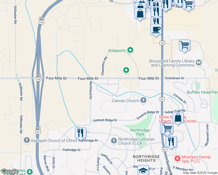 map of restaurants, bars, coffee shops, grocery stores, and more near 190 Meadow Vista Loop in Kalispell