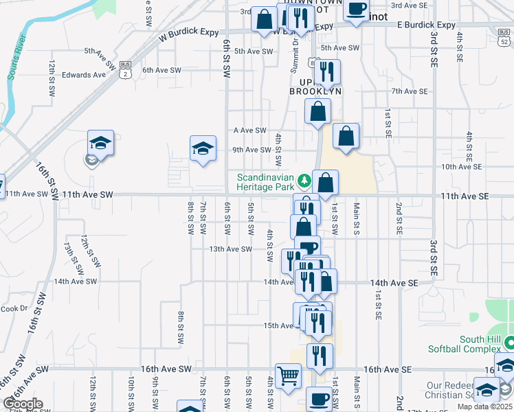 map of restaurants, bars, coffee shops, grocery stores, and more near 1107 5th Street Southwest in Minot