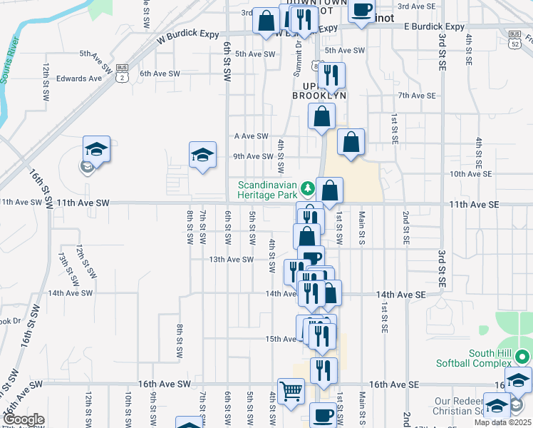 map of restaurants, bars, coffee shops, grocery stores, and more near 1107 5th Street Southwest in Minot