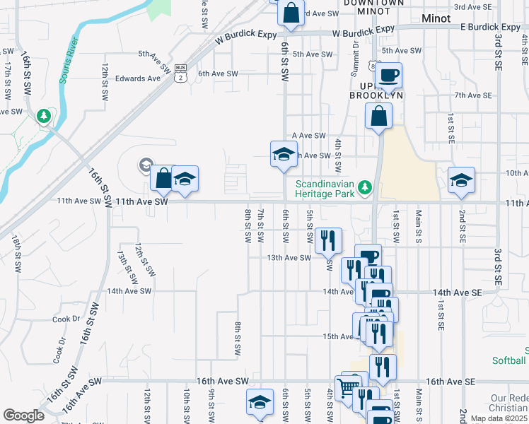 map of restaurants, bars, coffee shops, grocery stores, and more near 1111 7th Street Southwest in Minot