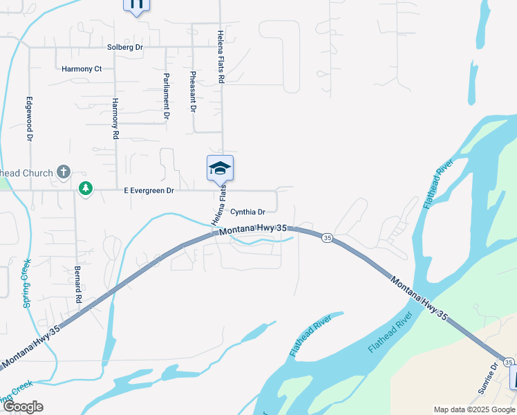 map of restaurants, bars, coffee shops, grocery stores, and more near 625 Cynthia Drive in Kalispell