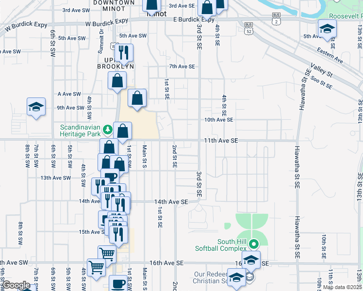 map of restaurants, bars, coffee shops, grocery stores, and more near 1107 2nd Street Southeast in Minot