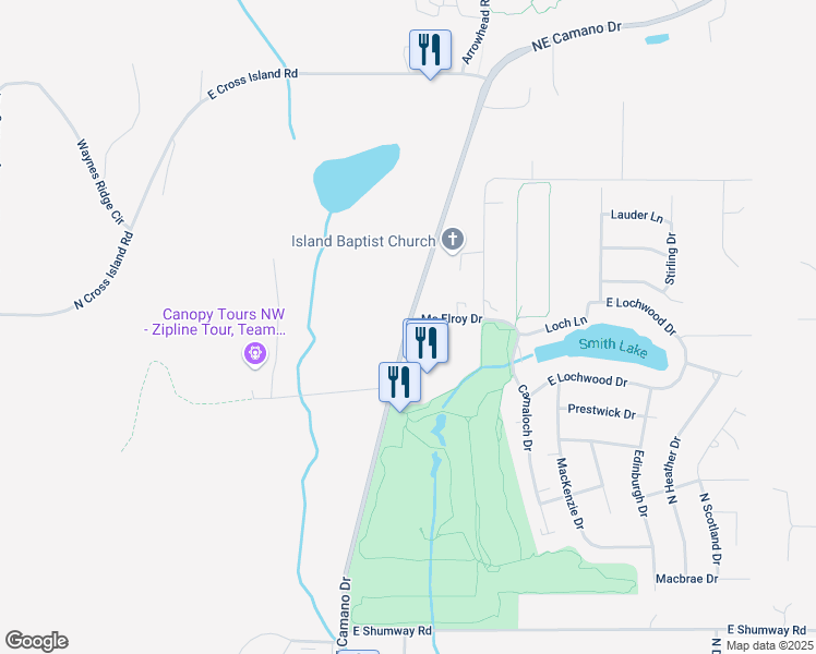 map of restaurants, bars, coffee shops, grocery stores, and more near 393 Northeast Camano Drive in Camano